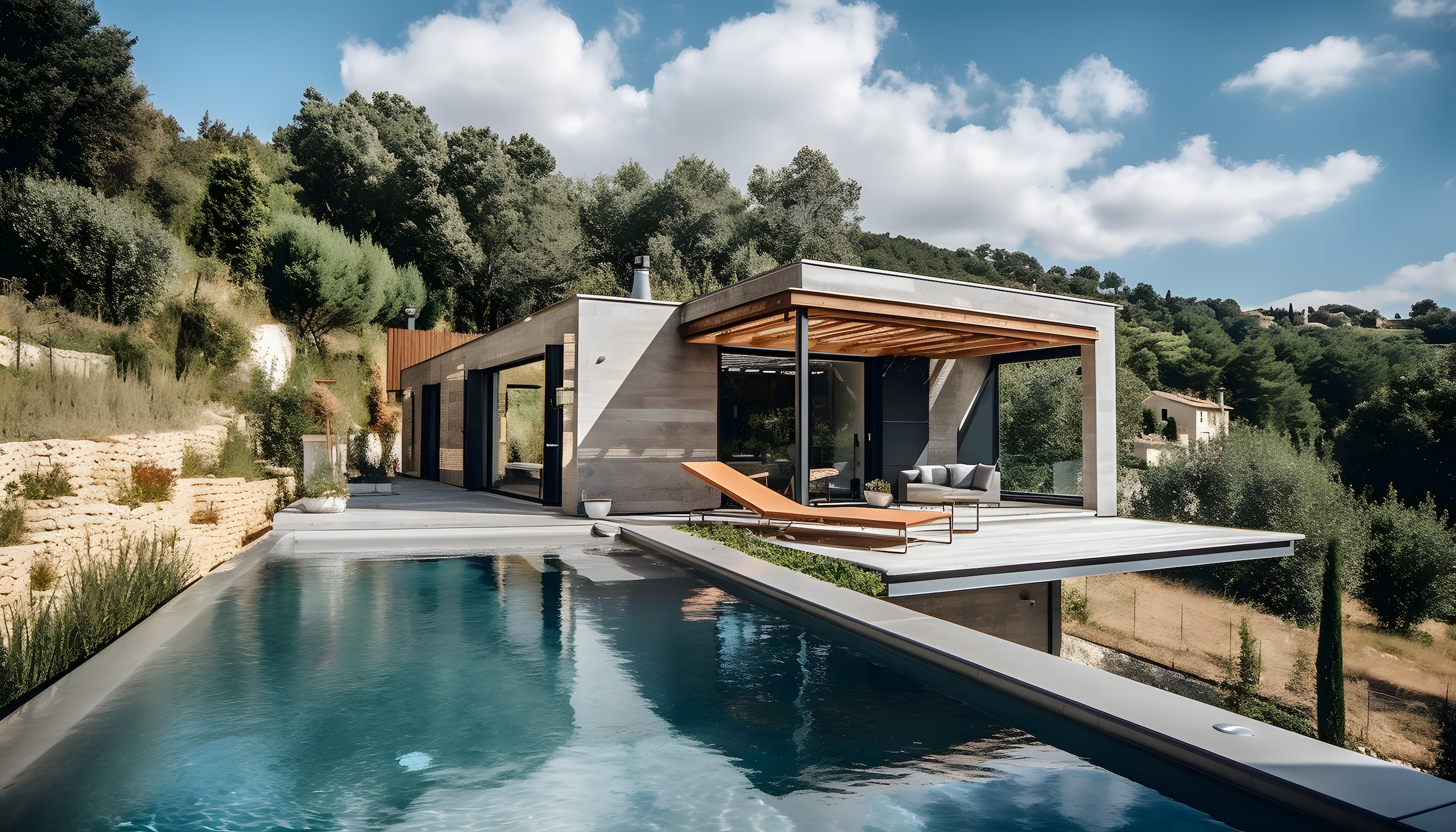 construction-maison-contemporaine-paca Maison contemporaine avec terrasse et piscine, illustrant un projet de construction neuve en PACA.